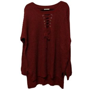 Wine Red Tie-Front Tunic Length Sweater, 2X/3X